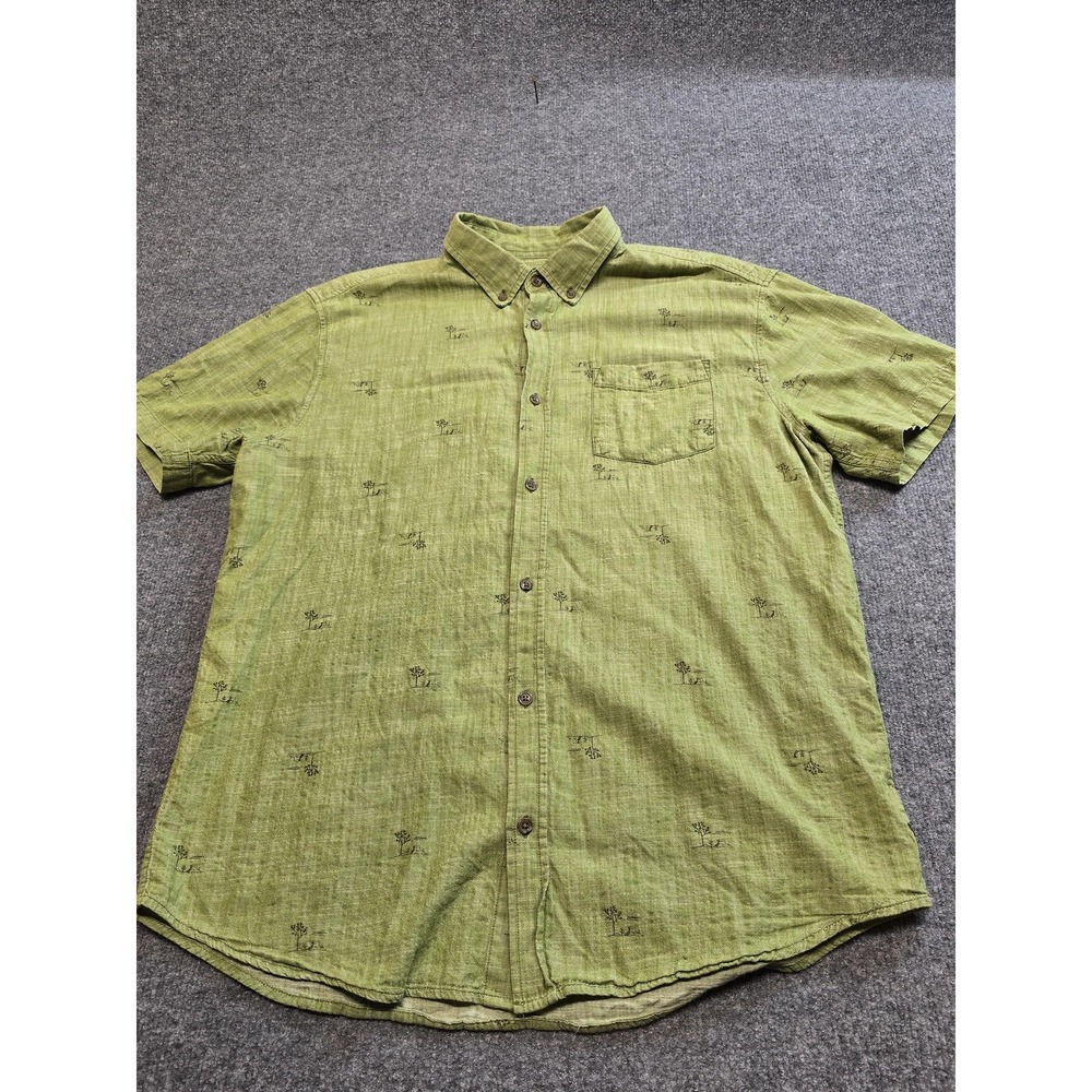 PrAna Shirt Mens XL Green Short Sleeve Button Up Slim Fit Outdoor Tree Print